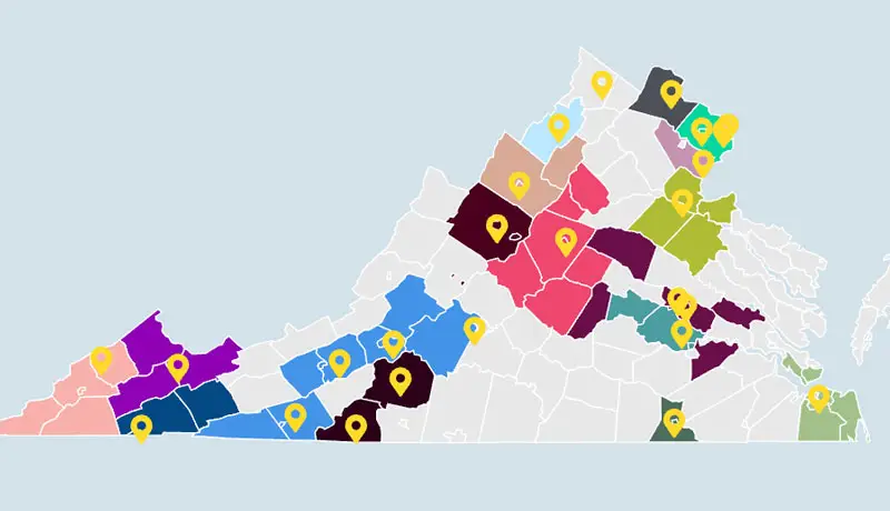 colored coded map of Virginia with location markers