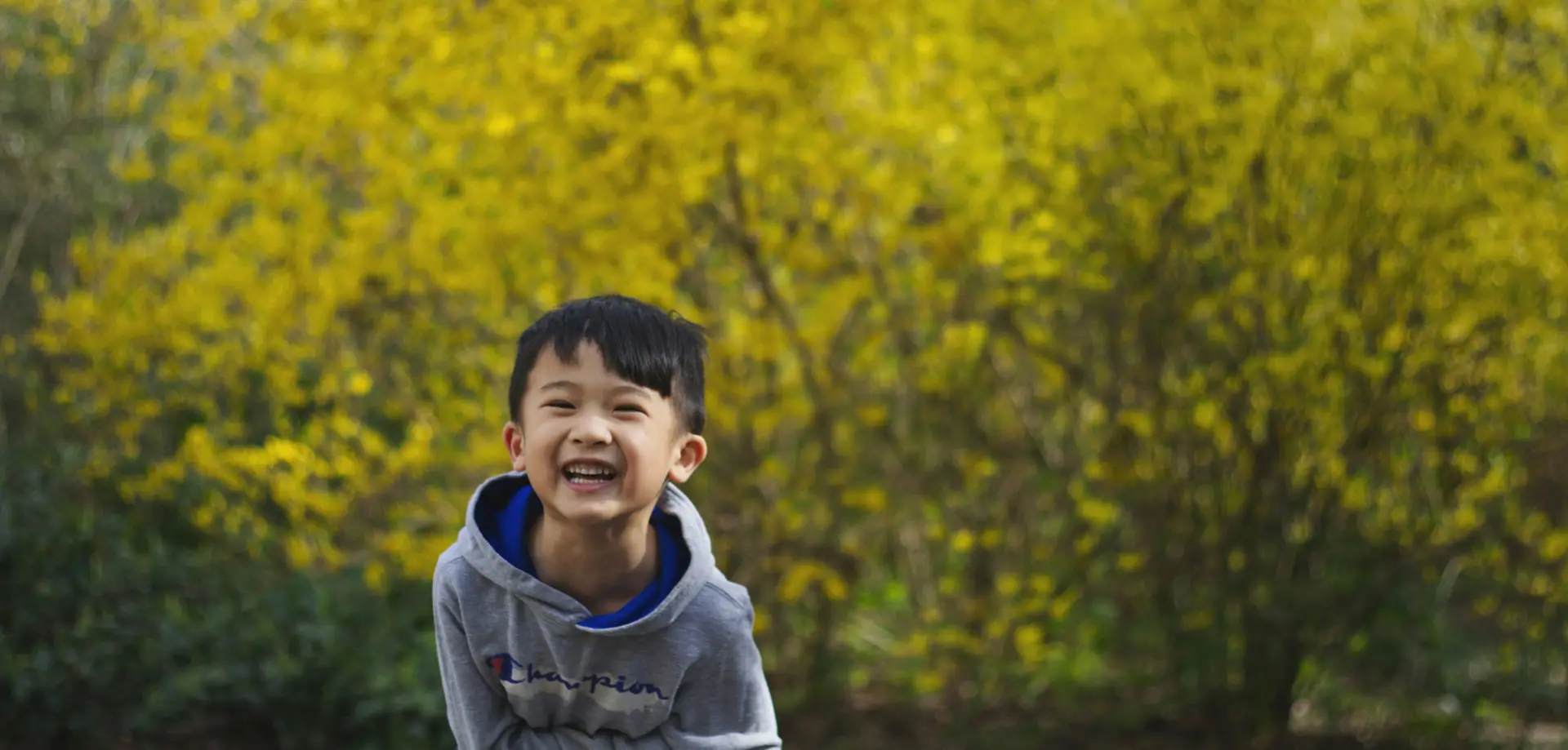 smiling asian boy outside in front a yellow leafed shrubbery